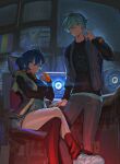  1boy 1girl belle_(zenless_zone_zero) black_socks blue_hair breasts brother_and_sister chair closed_mouth crossed_bangs crossed_legs desk fairy_(zenless_zone_zero) fingerless_gloves furrype4ch gloves grey_hair grey_pants hair_between_eyes long_sleeves looking_at_viewer monitor orange_gloves pants shoes short_hair siblings single_sock single_thighhigh sitting socks static test_card thighhighs wise_(zenless_zone_zero) zenless_zone_zero 