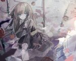  1girl arcaea bib_collar black_dress black_hair black_ribbon blue_eyes bow closed_mouth commentary crying crying_with_eyes_open dress flower frilled_dress frilled_skirt frills gothic_lolita hair_ribbon highres hikari_(arcaea) in_water lolita_fashion long_hair long_sleeves looking_at_viewer neck_ribbon out_of_frame pink_flower pink_rose pixiv_30745887 ribbon ring_hair_ornament rose skirt solo tairitsu_(arcaea) tairitsu_(axium)_(arcaea) tears 