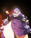  1girl alternate_costume black_background black_tiara breasts camilla_(fire_emblem) cleavage commentary commission curvy dress fire_emblem fire_emblem_fates from_below hair_over_one_eye highres holding holding_whip huge_breasts long_hair looking_at_viewer looking_down no_panties one_eye_covered open_mouth purple_dress purple_eyes purple_hair r3dfive riding_crop skindentation smile solo thick_thighs thighs tiara very_long_hair wavy_hair whip wide_hips 