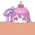  1girl absurdres arched_crown artist_name blush_stickers candy_hair_ornament closed_mouth commentary crescent crown english_commentary food-themed_hair_ornament green_eyes hair_ornament hair_rings head_rest heterochromia highres himemori_luna himemori_luna_(1st_costume) hiruno_isu hololive long_hair looking_at_viewer mixed-language_commentary on_table pink_hair puffy_cheeks purple_eyes red_crown simple_background single_hair_ring solo swept_bangs table virtual_youtuber white_background yurie_mouth 