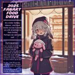  1girl 2025 :d animal_ears arknights artist_name bakery beanie black_jacket blush bread breath caffichai commentary cowboy_shot english_commentary floppy_ears food grey_hair hair_ornament hairclip hat heart heart_hair_ornament highres holding holding_stuffed_toy jacket long_sleeves night open_mouth outdoors pink_eyes popukar_(arknights) rabbit_ears rabbit_girl shop short_hair smile snow solo stuffed_toy winter 