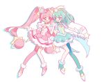  2girls :d ahoge ankle_boots antennae aqua_boots aqua_choker aqua_dress aqua_eyes aqua_hair aqua_pantyhose arched_bangs artist_name asymmetrical_legwear bare_shoulders blush boots brooch bubble_skirt choker commentary cure_milky cure_star dot_nose double-parted_bangs dress drop_shadow english_commentary full_body fur_cuffs fur_trim hagoromo_lala hair_between_eyes hair_ornament hairband high_heel_boots high_heels highres holding_hands hoshina_hikaru interlocked_fingers jewelry kakata knees_together_feet_apart long_hair looking_at_another magical_girl medium_dress medium_hair multiple_girls no_earrings open_mouth pantyhose petticoat pink_boots pink_choker pink_dress pink_eyes pink_hair pink_thighhighs planet_hair_ornament pointy_ears precure puffy_short_sleeves puffy_sleeves see-through_clothes see-through_sleeves shooting_star_hair_ornament short_sleeves side-by-side simple_background single_leg_pantyhose single_thighhigh skirt smile star-shaped_pupils star_(symbol) star_brooch star_choker star_hair_ornament star_hairband star_twinkle_precure symbol-shaped_pupils thighhighs twintails uneven_legwear very_long_hair white_background white_wrist_cuffs wrist_cuffs yellow_hairband 