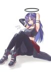 1girl adjusting_hair black_gloves black_pants black_sports_bra blue_archive breasts cleavage coat_around_waist commentary_request cosplay eimi_(armed)_(blue_archive) eimi_(blue_archive) eimi_(blue_archive)_(cosplay) gloves hair_tie_in_mouth halo head-mounted_display highres katou_shin'ya_(gingin_power) long_hair mechanical_halo mouth_hold pants purple_hair sports_bra tying_hair yuuka_(blue_archive) 