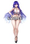 1girl alternate_costume black_shoes blue_eyes blue_hair bra breasts cleavage commentary earrings embroidered_bra embroidered_panties full_body grin hair_between_eyes hand_on_own_hip highres hoop_earrings jewelry large_breasts long_hair looking_at_viewer lucilla_(wuthering_waves) m_(1n910) mole mole_under_eye navel necklace paid_reward_available panties pendant purple_bra purple_panties sample_watermark shoes simple_background smile solo standing stomach underwear underwear_only very_long_hair watermark white_background wuthering_waves 