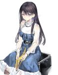  1girl absurdres bang_dream! bang_dream!_it's_mygo!!!!! belt black_belt black_hair blue_dress chinese_commentary closed_mouth commentary_request cowboy_shot dress drumsticks hair_between_eyes highres holding holding_drumsticks long_hair long_sleeves looking_at_viewer mole mole_under_eye purple_eyes sample_watermark shiina_taki shirt simple_background sitting solo watermark white_background white_shirt xiangchizhubijin 