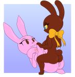  blue_eyes bow breasts brown_eyes buckteeth butt candy chocolate chocolate_bunny dessert duo female female/female food food_creature hi_res lagomorph leporid living_candy mammal mobzylewd peeps pink_body rabbit reese&#039;s reese&#039;s_chocolate_easter_bunny sex simple_background teeth tribadism vaginal yellow_sclera 