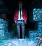  1boy black_pants block_(minecraft) block_(object) blue_eyes chinese_commentary cobblestone collared_shirt commentary_request creeper formal_clothes highres jacket male_focus minecraft minecraft_(style) minecraft_pickaxe necktie pant_suit pants pickaxe pinstripe_pattern pinstripe_suit pov real_life red_suit ryan_gosling sgkg108 shirt skeleton_(minecraft) spider_(minecraft) suit suit_jacket suit_pants 