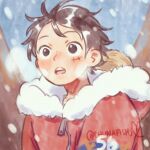  1boy black_eyes chunafishy coat derivative_work hat hat_on_back hood hood_down male_focus messy_hair monkey_d._luffy one_piece open_mouth red_coat scar scar_on_cheek scar_on_face screenshot_redraw short_hair snowing solo straw_hat zipper_pull_tab 