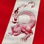  absurdres ballpoint_pen_(medium) charmeleon claws clenched_teeth commentary english_commentary fire flame-tipped_tail full_body growling highres majingin monochrome no_humans nostrils paper_texture pen_(medium) pokemon red_theme solo tail teeth traditional_media 