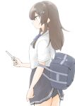  1girl adapted_costume akara_kai black_hair black_skirt blue_bow bow brown_eyes cellphone collared_shirt commentary_request cowboy_shot dress_shirt hair_ornament hairclip highres kantai_collection long_hair oyashio_(kancolle) phone pleated_skirt shirt simple_background skirt smartphone solo white_background white_shirt 