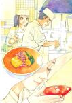  1boy 1girl adzuki_bean apron black_hair bottle bride brown_eyes closed_eyes closed_mouth commentary_request cook cooking cooking_pot cup eyelashes food food_request hands_up hat holding holding_cup holding_ladle honjo_kei japanese_clothes kimono kitaoka_souta kitchen ladle long_hair masami_(souta_no_houchou) multiple_views official_art pillbox_hat ponytail shiromuku shirt short_hair short_sleeves smile souta_no_houchou standing steam traditional_media uchikake veil wataboushi white_apron white_hat white_kimono white_shirt white_veil 