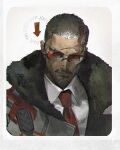  1boy border buzz_cut chinese_commentary closed_mouth coat collared_shirt commentary_request facial_hair fur-trimmed_coat fur_trim glasses goatee grey_coat grey_eyes highres looking_at_viewer male_focus mature_male multicolored_hair mustache necktie old old_man original portrait red-framed_eyewear red_necktie redsakaone scar scar_on_face shirt short_hair simple_background solo streaked_hair very_short_hair watermark white_background white_border white_shirt white_streaks 