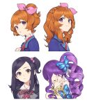  4girls aikatsu! aikatsu!_(series) bang_dream! bang_dream!_girls_band_party! black_hair bow brown_hair butterfly_hair_ornament closed_mouth commentary_request hair_bow hair_ornament hand_over_eye hand_up highres hitoto junon_(pripara) long_hair looking_at_viewer multicolored_hair multiple_girls neck_ribbon one_eye_closed one_side_up orange_hair ozora_akari pink_bow pretty_series pripara prototype_design purple_eyes purple_hair ribbon school_uniform side_ponytail sidelocks simple_background smile streaked_hair upper_body ushigome_rimi white_background 
