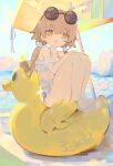  1girl absurdres bikini blonde_hair blue_archive deformed eyewear_on_head halo hifumi_(blue_archive) hifumi_(swimsuit)_(blue_archive) highres knees_up kou_koufu looking_at_viewer low_twintails open_mouth parasol rubber_duck sandals sitting solo sunglasses swimsuit tube twintails umbrella white_bikini yellow_eyes 