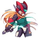  1boy android armor black_eyes black_gloves blonde_hair commentary_request cropped_legs energy_sword fingerless_gloves forehead_jewel gloves helmet highres holding holding_sword holding_weapon kuroi_susumu long_hair male_focus mega_man_(series) mega_man_zero_(series) red_armor red_helmet revision simple_background solo sword weapon white_background z_saber zero(z)_(mega_man) zero_(mega_man) 