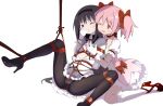  2-ningumi_no_onna_no_ko_wo_mimamoru_hito 2girls akemi_homura akemi_homura_(magical_girl) bdsm black_hair black_pantyhose black_shoes bondage bound bow bra commentary commission dress femdom gloves grey_bra hair_bow high_heels highres kaname_madoka kaname_madoka_(magical_girl) mahou_shoujo_madoka_magica mahou_shoujo_madoka_magica_(anime) multiple_girls one_eye_closed open_clothes open_mouth open_shirt pantyhose pink_dress pink_eyes pink_hair pixiv_commission purple_eyes red_bow red_shoes shibari shibari_over_clothes shirt shoes short_twintails simple_background smile socks soul_gem spread_legs twintails underwear white_background white_gloves white_shirt white_socks yuri 