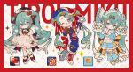  3girls absurdres beret blue_eyes blue_hair blue_leg_warmers blue_pants blue_shorts bow brown_bow closed_mouth cow_print_hat food-themed_clothes hair_bow hat hatsune_miku highres holding holding_wand jersey_maid leg_warmers liquid_hair long_hair maid multiple_girls pants parted_bangs red_bow shorts shy smile striped_bow tirol_chocolate tirol_miku twintails unconventional_maid very_long_hair vocaloid wand yellow_bow yumenouchi_chiharu 