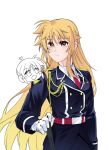  2girls 304back_s aiguillette belt blonde_hair buttons chibi chibi_inset closed_mouth collared_shirt commentary_request cowboy_shot double-breasted epaulettes fate_testarossa floating_hair gloves hair_between_eyes highres korean_commentary long_hair long_sidelocks long_sleeves lyrical_nanoha mahou_shoujo_lyrical_nanoha_strikers military_uniform multiple_girls necktie red_belt red_eyes red_necktie shirt sidelocks simple_background solo_focus takamachi_nanoha upper_body very_long_hair white_background white_gloves white_shirt wispy_bangs 
