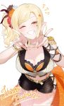  1girl :d ;d asymmetrical_sidelocks black_shorts blonde_hair braid breasts cleavage commentary_request cowboy_shot cursive double_v epaulettes facial_mark flower grin gyaru hair_flower hair_ornament happy_birthday heart heart_facial_mark highres large_breasts looking_at_viewer love_live! love_live!_nijigasaki_high_school_idol_club meccha_going!! midriff mikami_sy miyashita_ai navel notice_lines one_eye_closed orange_eyes orange_flower orange_nails red_flower short_shorts shorts side_ponytail sidelocks single_braided_sidelock smile solo v white_flower 