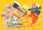  1girl axe braid closed_mouth commentary_request cowardly_lion dorothy_gale gold_bar hat holding holding_axe in_palm lion orange_background orange_hair robot scarecrow scarecrow_(the_wizard_of_oz) straw_hat the_wizard_of_oz tin_man_(the_wizard_of_oz) yamanashi_shuntarou yellow_background 