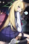  1girl :d absurdres animal_ears black_gloves black_socks blonde_hair blue_archive blue_sailor_collar blue_skirt commentary_request crab fang fox_ears fox_girl from_behind glock gloves green_eyes green_halo gun halo handgun highres holster holstered kuromiz kurumi_(blue_archive) long_hair long_sleeves looking_at_viewer miniskirt open_mouth pleated_skirt puffy_long_sleeves puffy_sleeves sailor_collar sailor_shirt school_uniform serafuku shirt sitting skin_fang skirt smile socks speech_bubble spoken_sweatdrop sweatdrop thigh_holster two_side_up wariza weapon white_shirt 