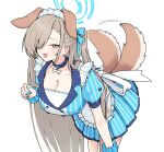  animal_collar animal_ears apron asuna_(blue_archive) blonde_hair blue_archive blue_dress blue_eyes blue_halo blush breasts choker cleavage collar collarbone dog_ears dog_tail dress hair_over_one_eye halo highres large_breasts long_hair looking_at_viewer maid maid_apron maid_headdress mole mole_on_breast official_alternate_costume open_mouth ponporu ponytail scrunchie smile tail tail_wagging thighs very_long_hair wrist_scrunchie 