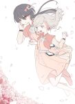  2girls :d ascot bloom_the_smile_bloom_the_dream! blue_eyes bow ceras_yanagida_lilienfeld churhami dress edel_note falling_petals flower frilled_ascot frills grey_hair hair_bow hair_ribbon highres jellyfish_cut katsuragi_izumi long_hair love_live! love_live!_hasu_no_sora_jogakuin_school_idol_club medium_dress multiple_girls open_mouth orange_dress orange_eyes petals pink_bow pink_flower ribbon smile white_ascot white_ribbon 