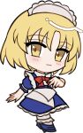  1girl blonde_hair blue_dress blue_shoes blush chibi chibi_only closed_mouth dress frilled_dress frills full_body hand_up hat looking_at_viewer mirei_(miirei) mugetsu_(touhou) shoes short_hair short_sleeves simple_background socks solo standing touhou touhou_(pc-98) transparent_background white_hat white_socks yellow_eyes 