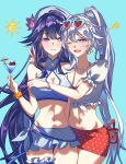  2girls bikini bikini_skirt blue_bikini blue_eyes blue_sky breasts cleavage cocktail_glass commentary cup drinking_glass elysium1nyou english_commentary eyewear_on_head heart heart-shaped_eyewear high_ponytail highres holding holding_cup honkai_(series) honkai_impact_3rd kiana_kaslana kiana_kaslana_(ba-dum!_fiery_wishing_star) large_breasts long_hair looking_at_viewer midriff multiple_girls navel official_alternate_costume polka_dot polka_dot_skirt ponytail purple_eyes purple_hair raiden_mei raiden_mei_(xentinel:_dawnbearing_crescent) red_skirt shirt skirt sky smile sun sunglasses swimsuit tied_shirt v very_long_hair white_hair white_shirt yuri 