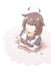  1girl ahoge akara_kai black_hair black_serafuku black_shirt blue_eyes braid buried commentary_request crossed_arms hair_flaps hair_over_shoulder highres kantai_collection long_hair sailor_collar school_uniform serafuku shigure_(kancolle) shigure_kai_ni_(kancolle) shirt single_braid solo upper_body white_sailor_collar 