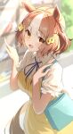  1girl animal_ears bag belno_light_(umamusume) blue_bag blue_ribbon blush brown_eyes brown_hair commentary_request dress ear_ribbon highres horse_ears horse_girl index_finger_raised looking_at_viewer meyamu multicolored_hair neck_ribbon open_mouth pointing pointing_up red_ribbon ribbon short_hair shoulder_bag smile solo streaked_hair umamusume umamusume:_cinderella_gray white_streaks yellow_dress 