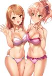  2girls bangs bare_shoulders blush bow bra breasts brown_eyes closed_mouth collarbone eyelashes hair_between_eyes hair_bow highres hips houjou_karen idolmaster idolmaster_cinderella_girls jewelry jougasaki_mika kazu long_hair medium_breasts multiple_girls navel necklace open_mouth orange_hair panties pink_bra pink_hair pink_panties polka_dot polka_dot_bra polka_dot_panties ponytail sidelocks simple_background smile swept_bangs thighs underwear waving white_background yellow_eyes 