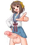  1girl brown_eyes brown_hair censored cum female futanari girl hairband huge_penis maruchiro newhalf penis ribbon school_uniform simple_background smile solo suzumiya_haruhi suzumiya_haruhi_no_yuuutsu 