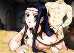  1boy 1girl artist_request bed black_hair blush body_blush bottomless bracelet breasts cleavage collar female from_behind gensou_suikoden gensou_suikoden_ii green_eyes jewelry jillia_blight leash long_hair lying male sex suikoden suikoden_ii tiara 