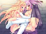  2girls anus artist_request ass bb blonde_hair blue_eyes blush breasts censored character_request cum cute large_breasts lying multiple_girls orange_eyes pink_hair pussy source_request 