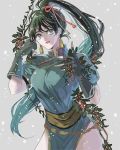  1girl earrings fingerless_gloves fire_emblem fire_emblem:_rekka_no_ken gloves green_eyes green_hair jewelry leaf long_hair looking_at_viewer lyndis_(fire_emblem) nintendo plant smile solo tsuko_(25mnts) vines 