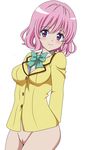  1girl blush bottomless highres momo_velia_deviluke pink_hair pussy school_uniform short_hair solo to_love-ru toloveru 