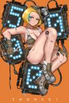  1girl absurdres android blonde_hair blue_eyes blue_hair breasts brown_gloves cleavage collarbone gloves half-closed_eyes highres holding holding_wrench large_breasts looking_at_viewer mecha_musume multicolored_hair orange_background original short_hair simple_background solo streaked_hair takefu_jiin wrench 