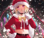  1girl absurdres bell belly belt beltskirt blonde_hair bow collarbone crystal fang flandre_scarlet fuunyon gloves hat highres long_sleeves navel neck_bell off_shoulder red_eyes red_skirt santa_costume santa_dress santa_gloves santa_hat short_hair skirt touhou white_gloves wings yellow_bow 