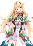  1girl bangs bare_legs bare_shoulders blonde_hair breasts chest_jewel cleavage cleavage_cutout clothing_cutout dress earrings elbow_gloves gloves highres jewelry large_breasts long_hair mythra_(xenoblade) risumi_(taka-fallcherryblossom) short_dress solo swept_bangs thigh_strap tiara very_long_hair white_dress white_gloves xenoblade_chronicles_(series) xenoblade_chronicles_2 yellow_eyes 