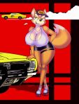  3:4 anthro baseball_cap big_breasts breasts canid canine car cleavage clothed clothing crossgender curvy_figure dracojeff female fox fox_mccloud hat headgear headwear hi_res huge_breasts mammal mtf_crossgender nintendo nipple_outline raised_tail rollerskates shirt skimpy smile smirk solo star_fox tank_top thick_thighs topwear vehicle video_games wheat_in_mouth wide_hips 