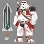  2022 anthro belly black_nose bulge clothing hi_res humanoid_hands korouxus male mammal melee_weapon navel overweight overweight_male polar_bear simple_background solo sword underwear ursid ursine weapon white_body 