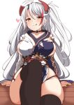  1girl :p absurdres ahoge arm_support azur_lane bangs black_legwear breasts choker cross eyebrows_visible_through_hair hair_between_eyes hair_ornament heart highres iron_cross large_breasts licking_lips long_hair looking_at_viewer mole mole_on_breast moyoron prinz_eugen_(azur_lane) simple_background sitting sittng smile solo thighhighs thighs tongue tongue_out two-tone_dress white_background white_hair wooden_floor yellow_eyes 