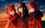  &gt;o&lt; 3girls black_gloves blue_eyes blue_sky breath brown_hair brown_jacket buttons closed_eyes cloud double-breasted evening gloves highres hisui_(tsukihime) jacket kohaku_(tsukihime) long_hair looking_at_viewer multiple_girls open_mouth pikaremon raised_eyebrows red_hair red_jacket scarf short_hair siblings sisters sky smile teeth tohno_akiha tsukihime upper_body utility_pole winter 