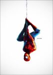  1boy animal_print artist_name blue_bodysuit bodysuit commentary_request full_body grey_background k-suwabe male_focus marvel print_bodysuit red_bodysuit silk simple_background solo spider-man spider-man_(series) spider_print spider_web spider_web_print superhero two-tone_bodysuit upside-down 