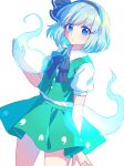  1girl black_hairband black_ribbon blue_eyes blush buttons caramell0501 closed_mouth collared_shirt cowboy_shot eyebrows_visible_through_hair green_skirt green_vest hairband highres hitodama konpaku_youmu konpaku_youmu_(ghost) puffy_short_sleeves puffy_sleeves ribbon shirt short_hair short_sleeves silver_hair simple_background skirt skirt_set solo touhou vest white_background white_ribbon white_shirt 