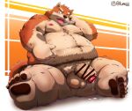  2022 absurd_res anthro balls belly bodily_fluids brown_body brown_fur canid canine canis censored domestic_dog fur genital_fluids genitals hi_res humanoid_genitalia humanoid_hands humanoid_penis kemono kumajjjj male mammal moobs navel nipples obese obese_male overweight overweight_male penis precum sitting solo 