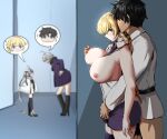  1boy 3girls ahoge between_legs black_hair blonde_hair blue_background blue_eyes blurry boots braid breasts depth_of_field fate/grand_order fate_(series) fujimaru_ritsuka_(male) grey_hair groping hand_between_legs highres jeanne_d&#039;arc_(alter)_(fate) jeanne_d&#039;arc_(fate) jeanne_d&#039;arc_(fate/apocrypha) jeanne_d&#039;arc_alter_santa_lily_(fate) knee_boots large_breasts leaning_forward looking_back multiple_girls necktie purple_necktie purple_skirt shinssee skirt smile speech_bubble thighhighs 