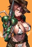  1girl absurdres android animal_print bikini breasts brown_eyes brown_hair brown_headwear cleavage closed_mouth cow_print cowboy_hat gun hat highres holding holding_gun holding_weapon large_breasts looking_at_viewer mechanical_arms mechanical_parts micro_bikini navel orange_background original revolver short_hair simple_background single_mechanical_arm smile solo swimsuit takefu_jiin tongue tongue_out weapon 