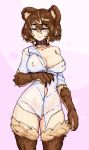  1girl :3 animal_ears animal_hands arm_under_breasts bangs barb-tan barbariank bear_ears bear_girl blush bottomless breasts brown_fur collar collarbone commentary covered_nipples english_commentary eyebrows_visible_through_hair grey_eyes hair_between_eyes half-closed_eyes large_breasts looking_at_viewer monster_girl naked_shirt off_shoulder original shirt simple_background smile solo white_shirt 